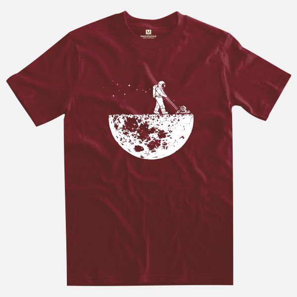 Astronaut mowing the moon burgundy t-shirt