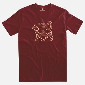 feline petting chart burgundy t-shirt