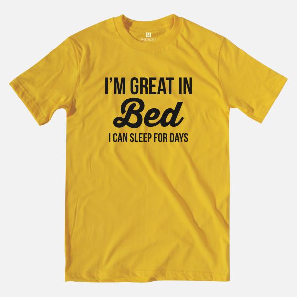 i'm great in bed heather mustard t-shirt